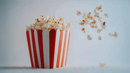 A striped bucket filled with fluffy popcorn sits against a white backdrop. Kernels are playfully spilling out, creating a lively and fun snack moment.の素材