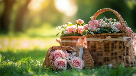Baskets filled with pink roses rest on green grass under warm sunlight during a beautiful spring day. The vibrant colors and peaceful atmosphere create an inviting outdoor setting.の素材