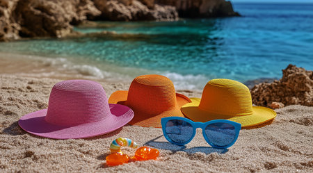 Vibrant hats in pink, orange, and yellow lay on sunlit sandy beach beside bright blue sunglasses and colorful seashells near calm turquoise water on a sunny day.の素材