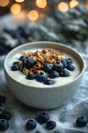 A creamy yogurt bowl is beautifully garnished with fresh blueberries and crunchy granola, surrounded by scattered berries and soft lighting, perfect for a breakfast setting.の素材