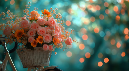 A vintage bicycle with a basket filled with vibrant roses and sunflowers is adorned with twinkling lights, creating a charming atmosphere for a celebration or gathering.の素材