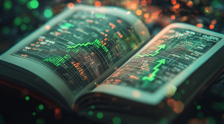 A tablet showcases detailed data analytics on its screen, surrounded by a high-tech digital backdrop filled with green lights and circuitry. The setting suggests advanced technology.の素材