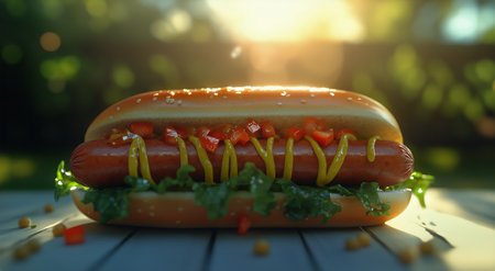 A hot dog topped with mustard, diced peppers, and lettuce sits on a picnic table, illuminated by warm sunlight in an outdoor space filled with greenery.の素材