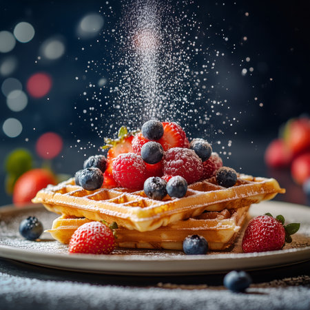 A stack of golden waffles is generously topped with a mix of fresh strawberries and blueberries, all dusted with powdered sugar, creating a tempting breakfast treat.の素材