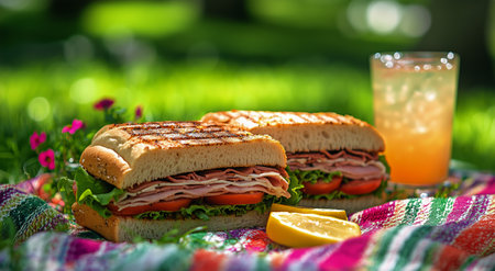 Two fresh sandwiches filled with ham, tomatoes, lettuce, and peppers are placed on a colorful picnic blanket alongside a cold glass of lemonade in a lush garden.の素材