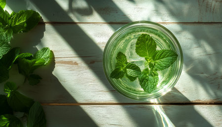 A glass filled with a green mint drink and ice cubes stands on a wooden surface. Fresh mint leaves surround the glass, creating a vibrant and refreshing atmosphere.の素材