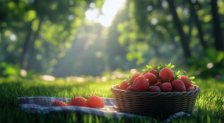 A woven basket filled with ripe strawberries rests on green grass. Sunlight filters through trees, casting a warm glow on the vibrant berries in a tranquil outdoor setting.の素材