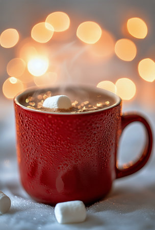 A steaming red mug filled with hot drink sits on a table, surrounded by soft, glowing lights. Marshmallows float atop the warm liquid, enhancing the cozy winter ambiance.の素材