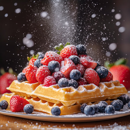 A stack of golden waffles is generously topped with a mix of fresh strawberries and blueberries, all dusted with powdered sugar, creating a tempting breakfast treat.の素材