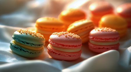 Assorted macarons display vibrant colors and smooth textures, tempting anyone who loves sweets. Perfectly baked, these treats invite indulgence and joy at any gathering.の素材