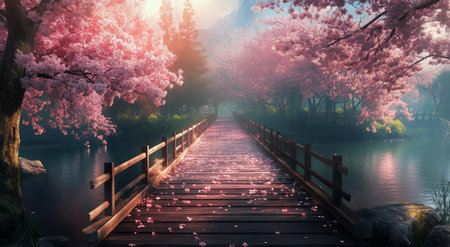 A peaceful wooden bridge arches over a calm waterway, framed by blooming cherry blossoms. Early morning light casts a warm glow through the delicate petals.の素材