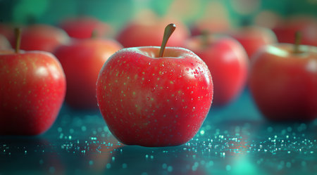 A group of vibrant red apples showcases their shiny surfaces, adorned with water droplets. The colorful background enhances the fresh appearance of the fruit.の素材