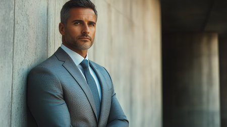 A well-dressed man stands poised against a minimalist concrete wall, exuding confidence and professionalism in a stylish suit with a sharp tie during daylight.の素材