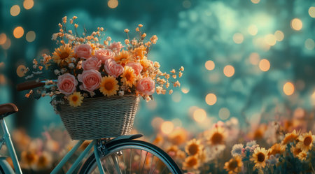 A vintage bicycle with a basket filled with vibrant roses and sunflowers is adorned with twinkling lights, creating a charming atmosphere for a celebration or gathering.の素材