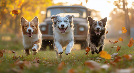 Three golden retrievers and one labrador sprint joyfully across a grassy field, chasing flying autumn leaves with a vintage truck in the background during golden hour.の素材