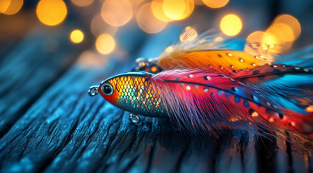 Various fishing lures with striking colors and designs are neatly arranged on a wooden surface, showing their shiny details and hooks under natural light.の素材