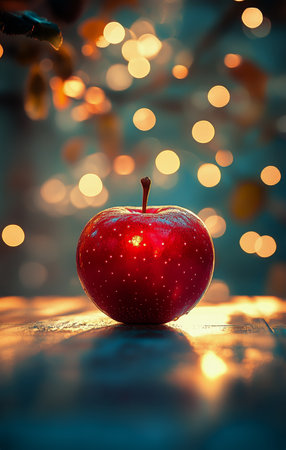 A shiny red apple rests on a rustic wooden table surrounded by soft, warm bokeh lights in the background, creating a cozy evening atmosphere.の素材