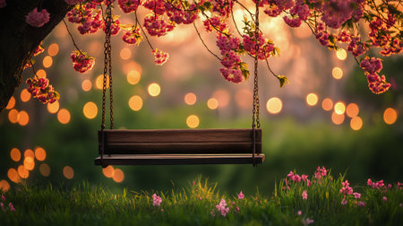 A wooden swing hangs gently from a tree full of pink cherry blossoms as sunlight filters through the branches, creating a peaceful atmosphere in a garden.の素材