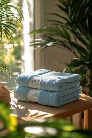 Soft blue towels are neatly stacked on a wooden table, surrounded by lush green plants and bathed in warm sunlight, creating a peaceful and inviting atmosphere.の素材