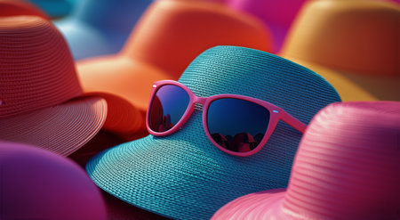 Various colorful hats in pink and blue are lined up alongside stylish sunglasses against a bright background, evoking a cheerful summer vibe and outdoor activities.の素材