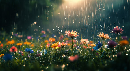 Colorful flowers in shades of pink, orange, and yellow bloom in a verdant meadow, surrounded by distant mountains under a gentle rain, creating a serene atmosphere.の素材