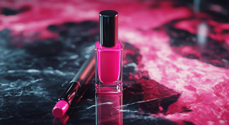 A bottle of bright pink nail polish stands next to a small lip brush on a glossy dark marble surface, highlighting beauty products in an elegant setting for makeup enthusiasts.の素材