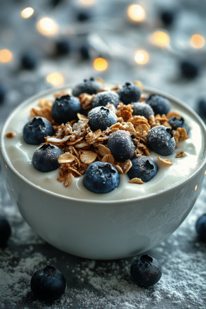 A creamy yogurt bowl is beautifully garnished with fresh blueberries and crunchy granola, surrounded by scattered berries and soft lighting, perfect for a breakfast setting.の素材