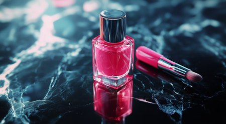 A bottle of bright pink nail polish stands next to a small lip brush on a glossy dark marble surface, highlighting beauty products in an elegant setting for makeup enthusiasts.の素材