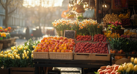 Fresh peaches, vibrant tulips, and cheerful daffodils fill market stalls during sunset, creating a lively atmosphere in a crowded street filled with shoppers, all enjoying the evening.の素材