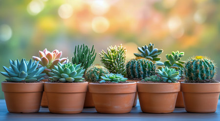 Various succulent plants arranged in terracotta pots showcase vibrant colors and textures in an outdoor setting, illuminated by warm sunlight during the golden hour of the evening.の素材