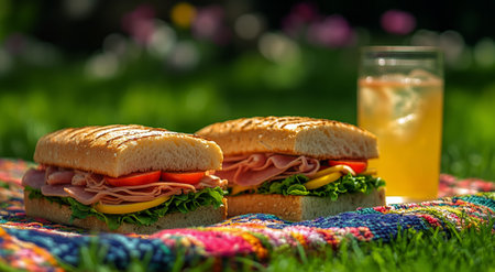 Two fresh sandwiches filled with ham, tomatoes, lettuce, and peppers are placed on a colorful picnic blanket alongside a cold glass of lemonade in a lush garden.の素材