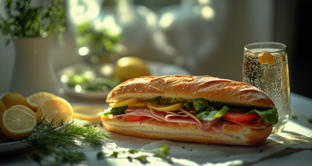 Delicious submarine sandwich featuring layers of ham, fresh lettuce, and ripe tomatoes is showcased on a bright table. A glass of sparkling water and lemon slices add a refreshing touch.の素材