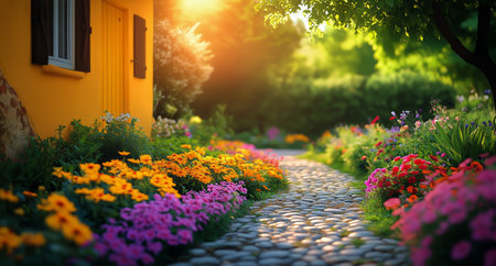 A beautiful garden pathway adorned with colorful flowers stretches towards a charming cottage. Soft sunlight filters through trees, creating a serene ambiance in the evening.の素材