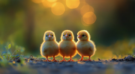 Fluffy yellow chicks stand in a straight line, illuminated by warm sunlight filtering through trees. Soft shadows cast on the ground create a gentle atmosphere during the morning.の素材