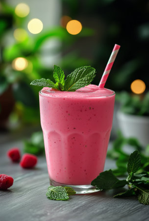 Bright raspberry smoothie served in a glass with mint leaves and berries on a marble surface. The warm light in the background creates a cozy atmosphere for relaxation.の素材