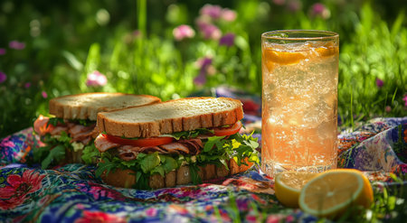 Two fresh sandwiches filled with ham, tomatoes, lettuce, and peppers are placed on a colorful picnic blanket alongside a cold glass of lemonade in a lush garden.の素材