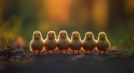 Fluffy yellow chicks stand in a straight line, illuminated by warm sunlight filtering through trees. Soft shadows cast on the ground create a gentle atmosphere during the morning.の素材
