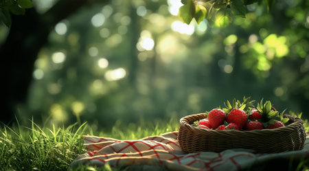 A woven basket filled with ripe strawberries rests on green grass. Sunlight filters through trees, casting a warm glow on the vibrant berries in a tranquil outdoor setting.の素材