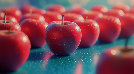 A group of vibrant red apples showcases their shiny surfaces, adorned with water droplets. The colorful background enhances the fresh appearance of the fruit.の素材