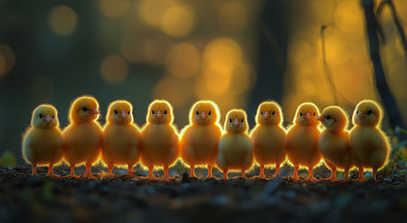 Fluffy yellow chicks stand in a straight line, illuminated by warm sunlight filtering through trees. Soft shadows cast on the ground create a gentle atmosphere during the morning.の素材