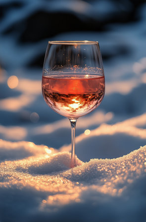 A glass of ros wine stands in the snow, illuminated by soft sunset light. The warm glow reflects off the glass, creating a tranquil winter atmosphere.の素材