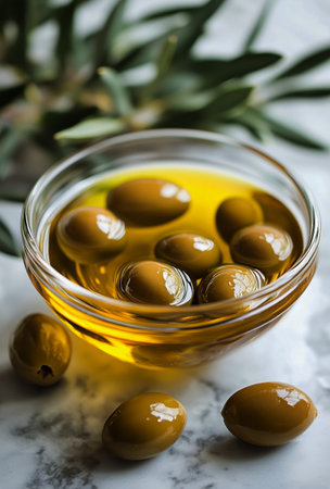 This composition showcases a bowl of golden olive oil alongside fresh green olives and vibrant olive leaves, creating a fresh and natural aesthetic.の素材