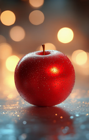 A shiny red apple rests on a rustic wooden table surrounded by soft, warm bokeh lights in the background, creating a cozy evening atmosphere.の素材