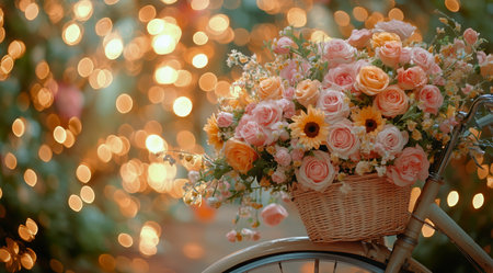 A vintage bicycle with a basket filled with vibrant roses and sunflowers is adorned with twinkling lights, creating a charming atmosphere for a celebration or gathering.の素材