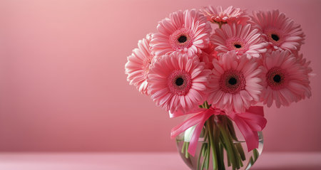 A bouquet of pink gerbera daisies arranged elegantly in a clear glass vase, set against a soft pastel background, creating a cheerful atmosphere perfect for celebrations.の素材