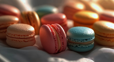 Assorted macarons display vibrant colors and smooth textures, tempting anyone who loves sweets. Perfectly baked, these treats invite indulgence and joy at any gathering.の素材