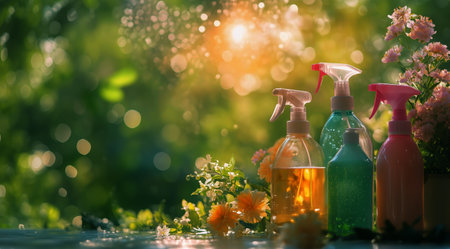 Three colorful cleaning spray bottles are placed on a table in a vibrant garden filled with flowers, illuminated by warm sunlight during the late afternoon.の素材
