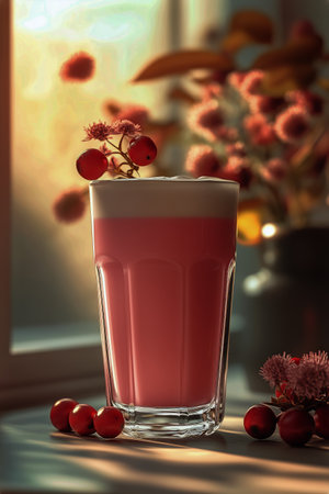 A colorful pink beverage fills a clear glass, topped with froth and garnished with red berries. Sunlight filters through a nearby window, highlighting the drink and decorative flowers.の素材