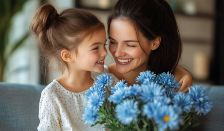 A joyful mother and her daughter share a warm moment, smiling brightly as they hold a bouquet of vibrant blue flowers in a cozy living space decorated with plants.の素材