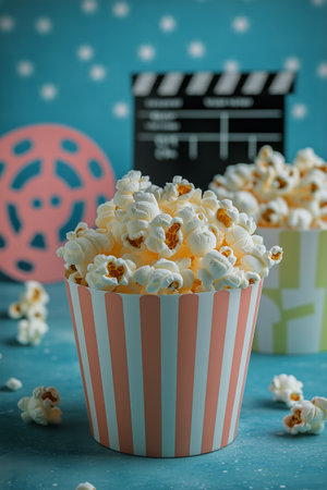 Colorful bucket filled with fresh popcorn sits on a teal surface next to a vintage movie reel and clapboard, creating a lively perfect atmosphere for a film night.の素材